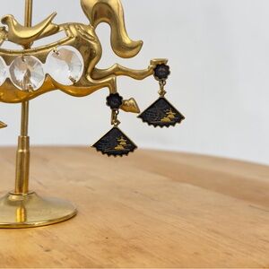 Vintage Japanese Damascene 24k Gold over Metal Fan Shaped Dangle Earrings Japan